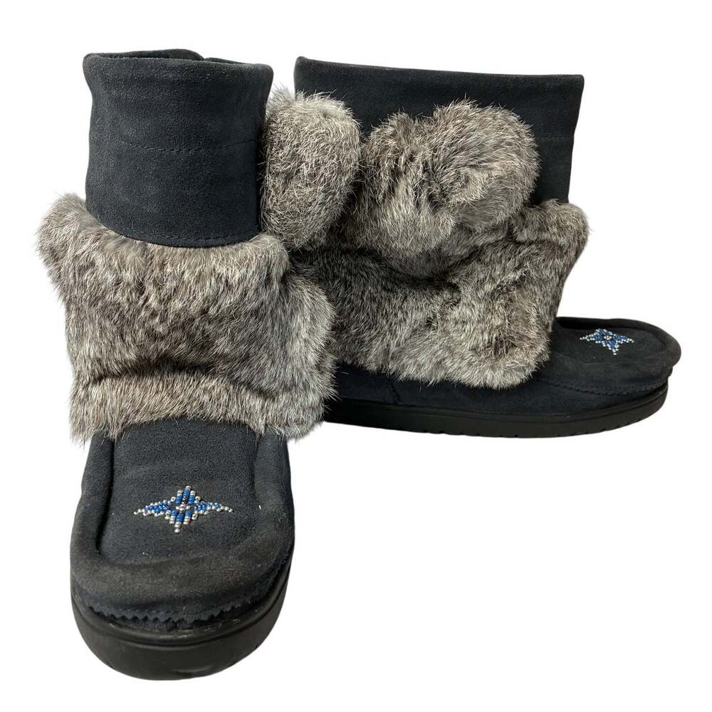 Manitobah Half MukLuk Boots Womens 6 Gray Suede Fur Waterproof Winter Beaded COA